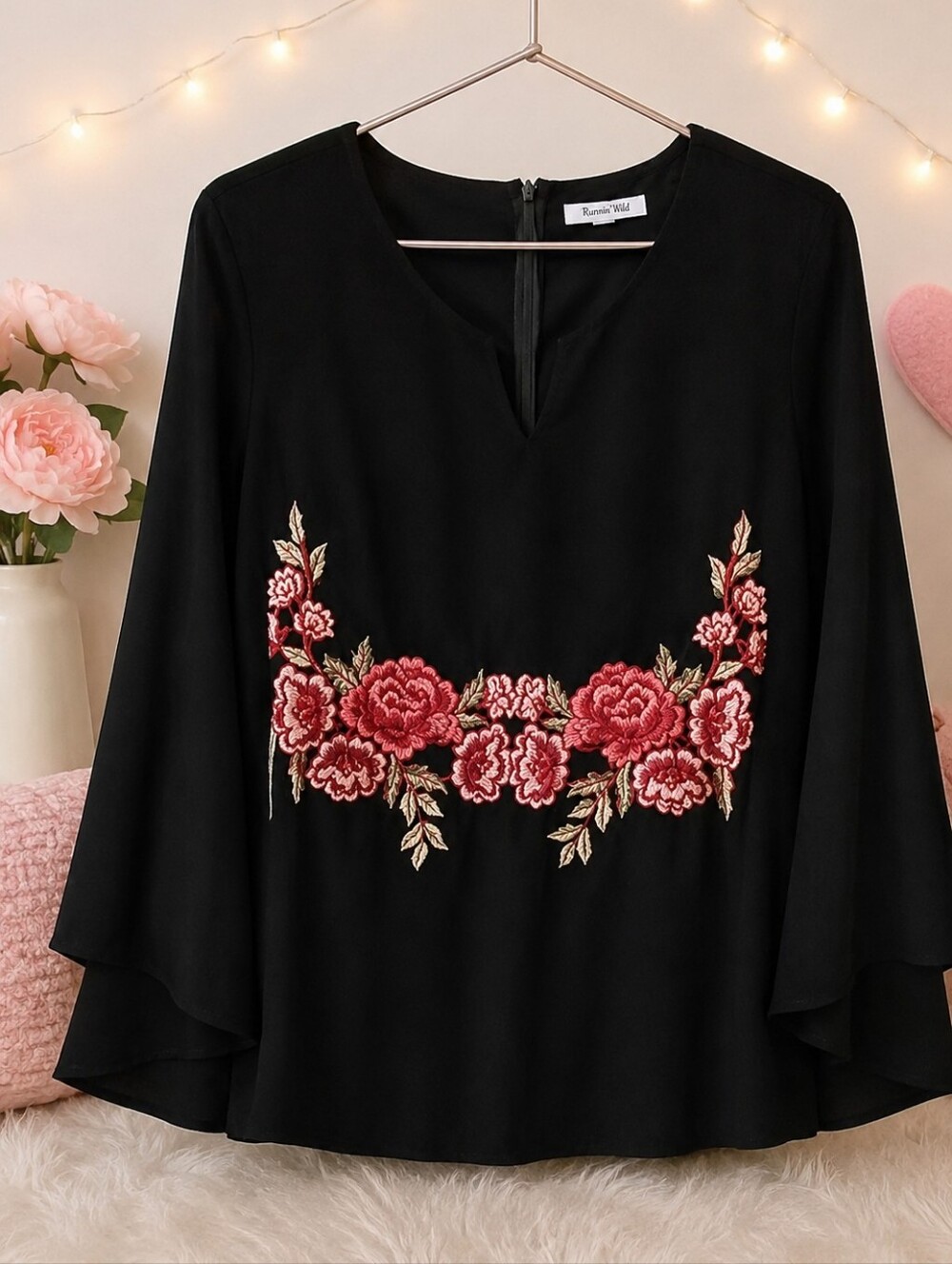 She and Sky Black Blouse Rose Embroidery Small